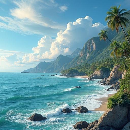 A beautiful beach scene with turquoise waters and lush palm trees. Mountains loom in the background under a bright blue sky with scattered clouds.