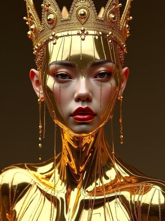 A queen covered in melting liquid gold, wearing a crown. Her face has a metallic sheen. Gold drips down her body. The artistic style combines elements of fantasy and realism.
