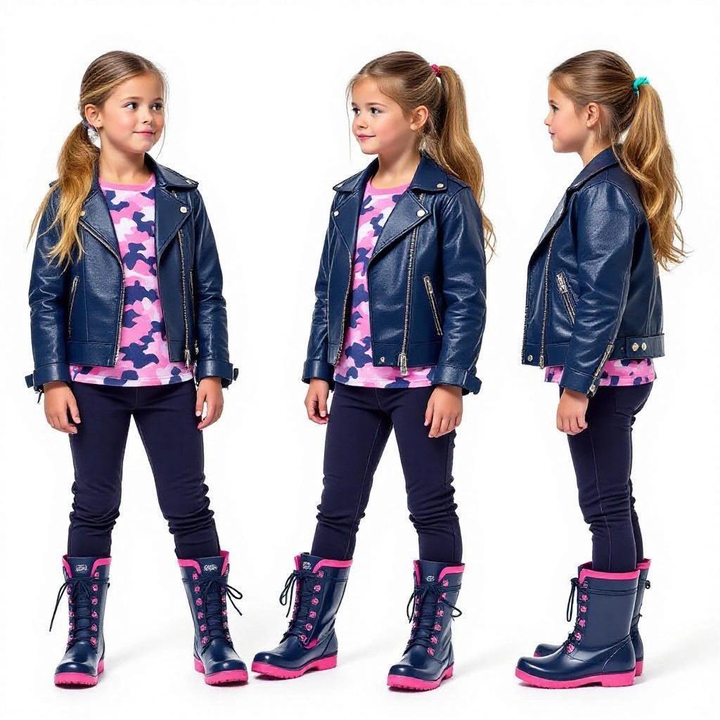 Girl with long dark blonde hair in a ponytail. Wearing navy-blue biker jacket and pink-camouflage shirt. Dressed in navy-blue tracksuit pants and pink and shiny navy-blue wellies. Light-blue laces and light-purple soles. Clean white background.