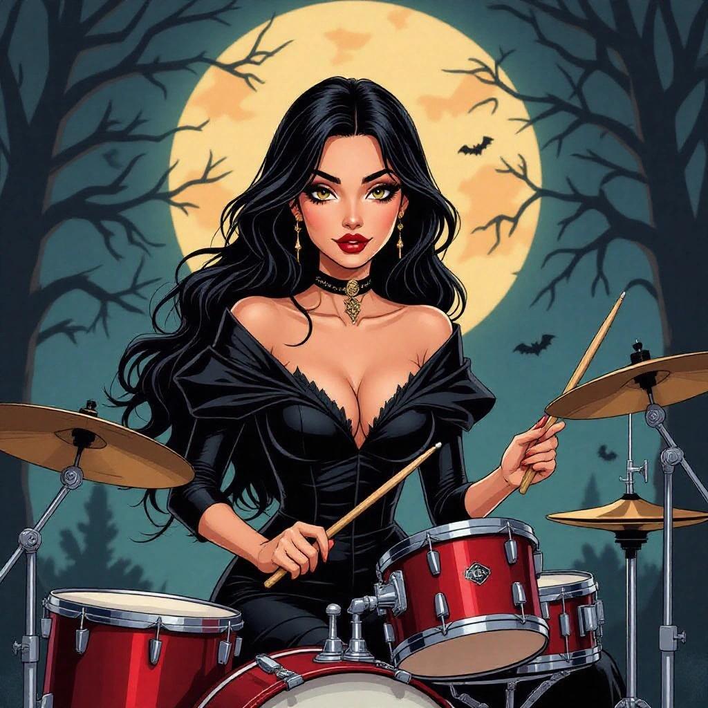 Illustration in dark gothic style featuring a vampire woman with brown hair playing the drums.