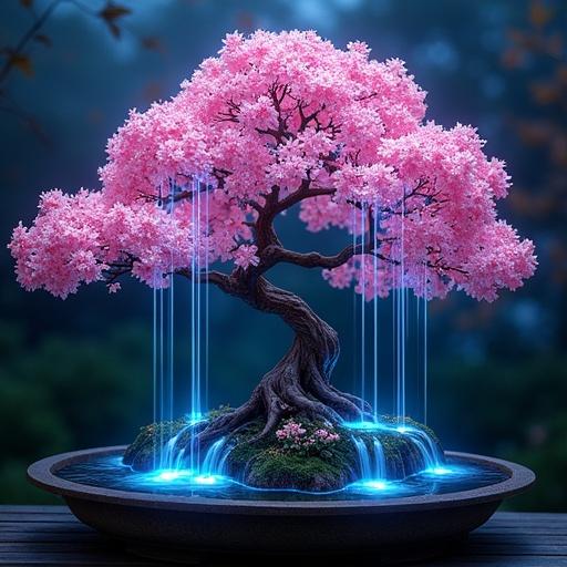 Cherry blossom bonsai tree at night with glowing waterfalls in Japanese garden. Artistic representation with vibrant colors and intricate details.