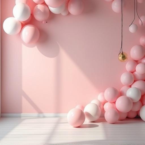 Studio-like background wall decorated with balloons. Clean and clear floor. Light tones in decoration. Birthday party style decor.