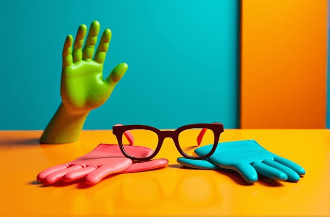 Vibrant scene with a green hand, rubber gloves in pink and blue, and stylish glasses against a bold blue and orange backdrop.