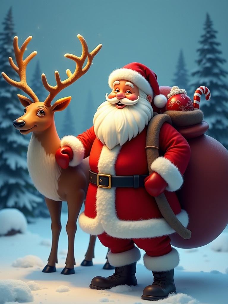 Cheerful holiday scene with Santa Claus and a reindeer. Santa dressed in traditional red outfit with a big bag in a snowy landscape with pine trees. Warm, glowing light from Santa's stick.