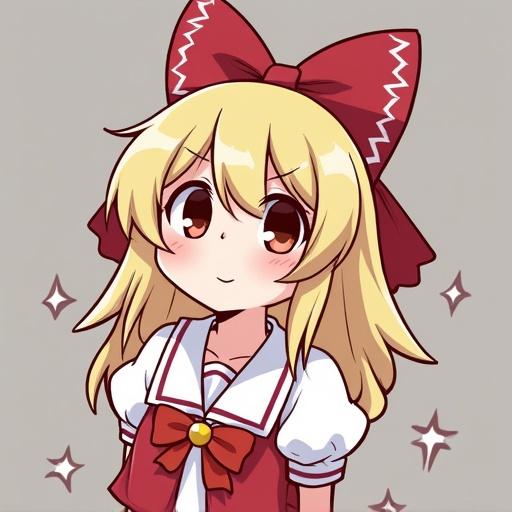 Anime style illustration of a young woman in her twenties with blonde hair and a big red ribbon. Cheerful expression with a dreamy appearance.