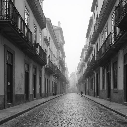 Image of a street in early 20th century Lisbon. The style is black and white photorealistic. The view shows buildings with traditional architecture lining the street.