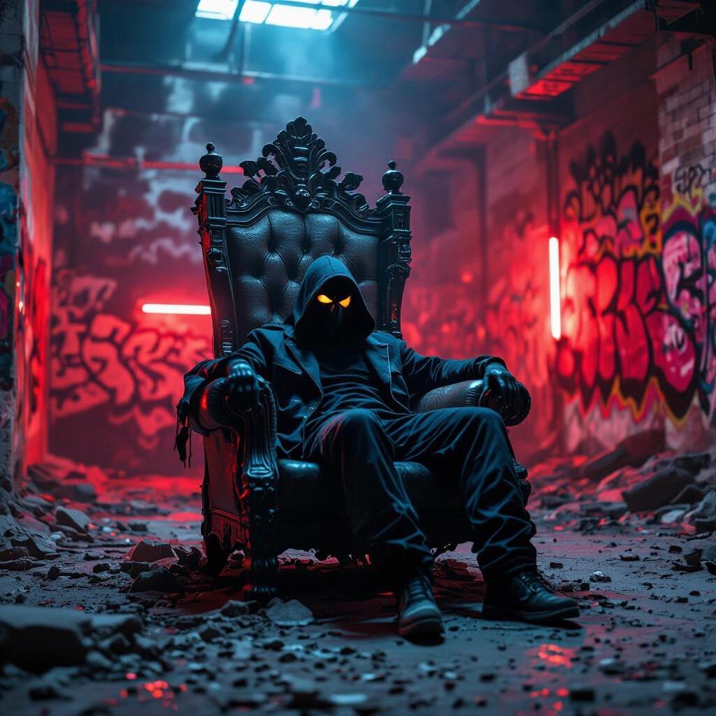 Crumbling throne in a graffiti-covered warehouse. Masked figure lounging in the chair. Ambient red and blue lighting creates gritty texture. Strong sense of silence and isolation.