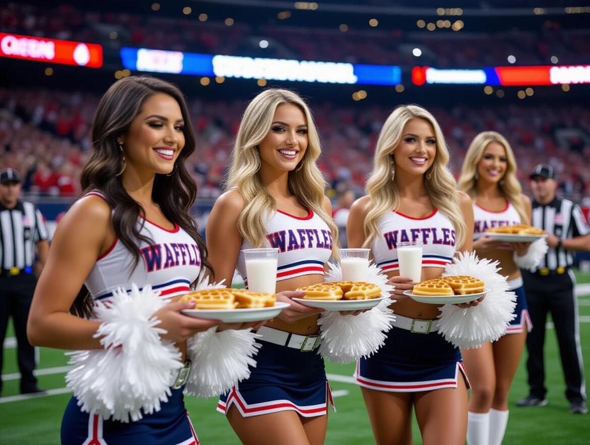 Cheerleaders serve waffles and milk on the sidelines of a football game. Bright stadium lights illuminate the scene. Football fans are visible in the background. Cheerleaders wear uniforms with red, white and blue colors. Cheerleaders hold plates of waffles and cups of milk.
