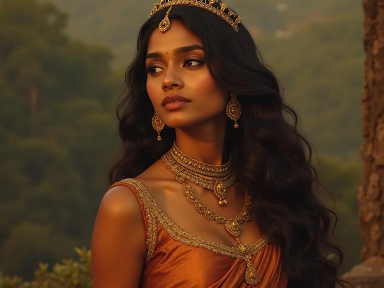 Portrait of a young South Asian woman. She has a serene expression and dark eyes. Skin is light brown with long dark hair in loose waves. Wearing a burnt-orange crop top with embellishments. Ornate gold jewelry includes a tiara and necklaces. Classical South Asian attire. Composition is elegant with three-quarter view. Soft lighting creates a glow. Background is a muted landscape. Style is painterly with warm earthy tones. Mood is calm and regal.