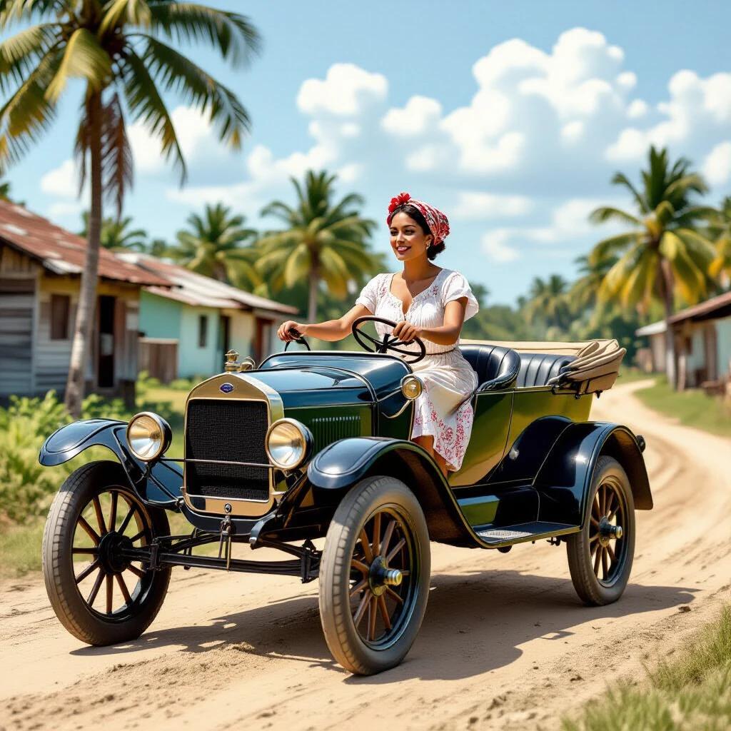 A woman drives a vintage Ford Model T on a dirt road in Cuba. The car is black and open-top with brass headlamps. The woman wears a floral headscarf and a white blouse. Surrounding tropical palms and wooden houses are visible. Bright daylight enhances the scenery. Image has a realistic style and is captured from the driver's side angle.