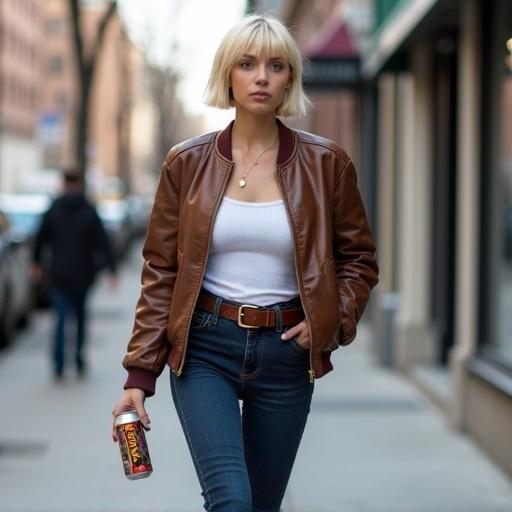 A stylish woman walks down a city sidewalk. She has short blonde hair and a fitted white tank top. She wears high-waisted blue jeans and a brown leather bomber jacket. The outfit blends retro and modern styles. A thick leather belt is worn at the waist. Sneakers are in burgundy and cream with yellow laces. A colorful beverage can is in her hand.