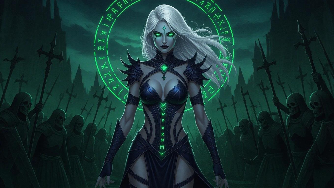 A dark fantasy sorceress stands on a cursed battlefield with an undead army around her. She has long platinum blonde hair with navy blue streaks. Her silver eyes glow with magical light. Pale skin is illuminated by green energy. She wears a semi-transparent bodysuit with magical glyphs. A corrupted crystal floats at her chest. Undead skeletal warriors are in the background. Ground is cracked and lifeless with cursed fog. She casts a necromantic spell with black smoke. Environment includes scorched earth and a blood moon.