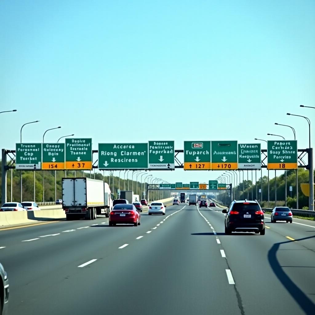 A busy highway features multiple overhead signs. Vehicles are in motion on the road. The scene is captured in bright daylight with clear visibility.