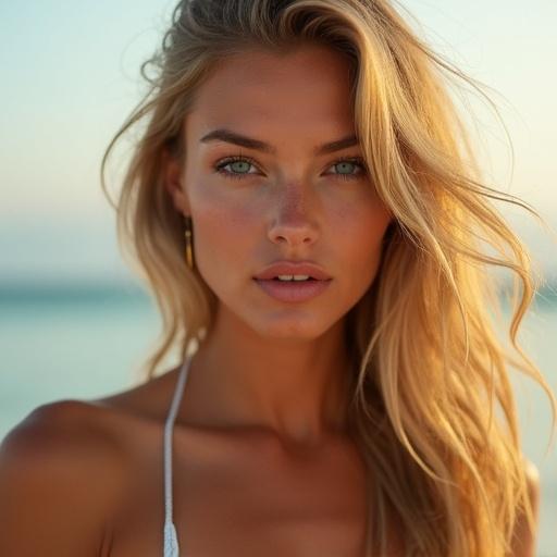 Ultra-realistic close-up portrait of a gorgeous blonde woman. Soft sun-kissed skin with natural makeup. Wearing bikini top and delicate gold jewelry. Looking into the camera with confident gaze. Slightly wavy blonde hair blowing in the breeze. Captured during golden hour with natural lighting. High-resolution DSLR quality. Realistic skin texture and slight freckles. Subtle lip gloss and blurred tropical beach background.