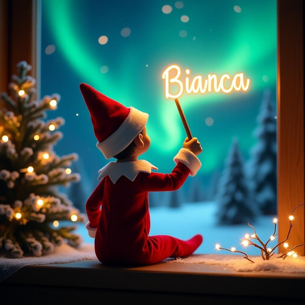 Magical Christmas scene with an elf on the shelf facing the sky. Elf dressed in red and white holding a wand, writing 'Bianca' in glowing script. Vibrant northern lights in the backdrop. Scene filled with festive spirit and whimsical touch.