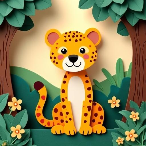 Cute cartoon cheetah in a jungle scene made of paper cut and felt craft style. Features soft fabric texture and layered illustration in 3D children’s book style. Whimsical nature scene with trees and leaves in warm colors, showcasing a handcrafted look.