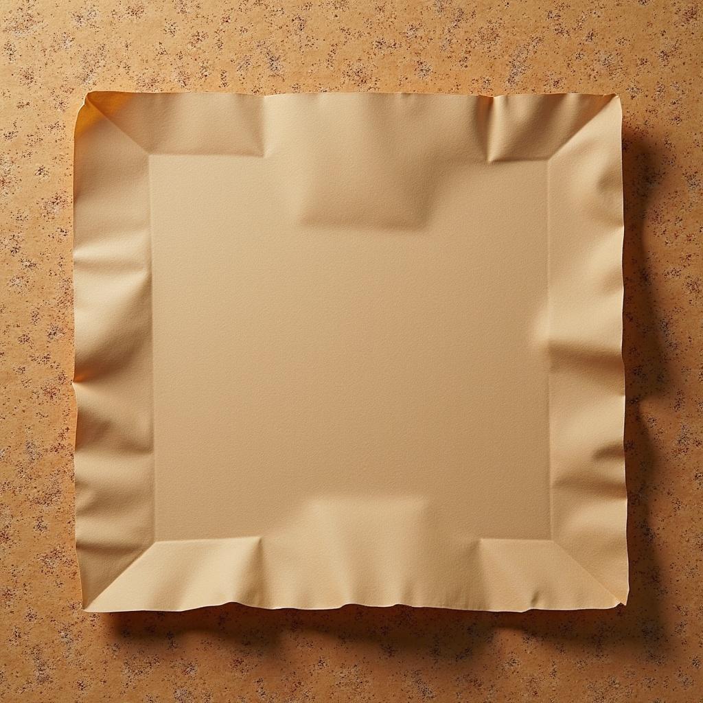 This image depicts a square piece of material with ruffled edges, set against a corkboard background. The fabric is beige and has a soft texture, creating a warm, inviting appearance. The lighting is soft, enhancing the gentle curves of the material. This top-down view emphasizes the unique design of the bordered fabric. It could serve as a backdrop for various creative projects or decor ideas.