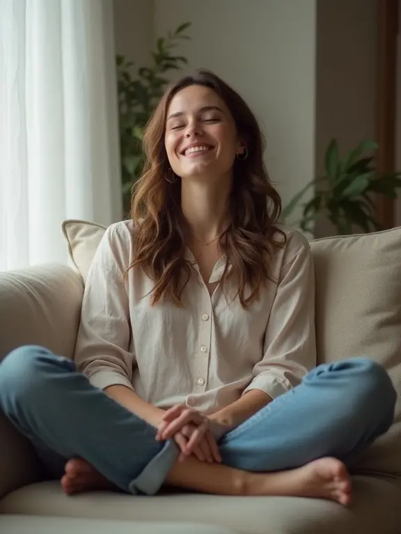 A person sits cross-legged on a sofa. The person has eyes closed and hands resting in lap. A soft smile appears on their face. Natural light fills the room. Green plants are in the background.
