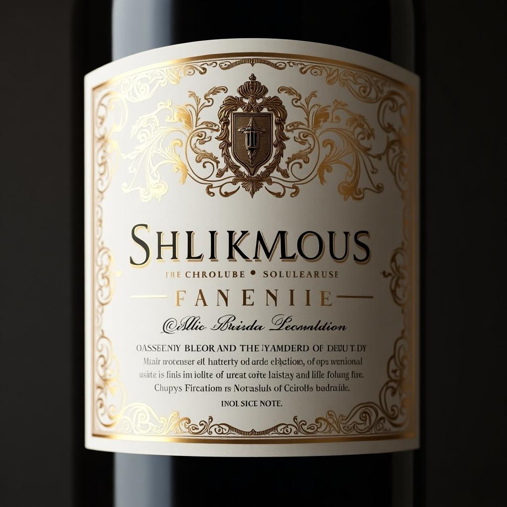 A wine label with intricate design elements featuring the name 'Shlikmous Fanenii'. The label has elegant golden embellishments and detailed typography.