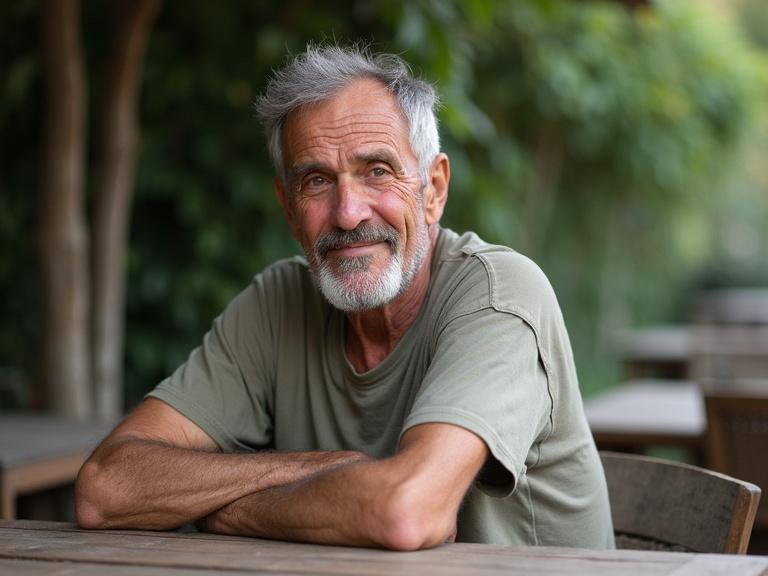 Ultra-realistic photo of an elderly man with gray stubble and short hair. Tanned weathered face with light gray eyes and a sad smile. Wearing a worn T-shirt and faded trousers. Seated at an old table on a summer terrace in Italy. Captured in muted colors and grainy detail.