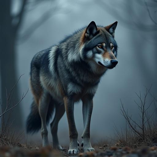 A majestic wolf stands in a foggy forest with dense trees.