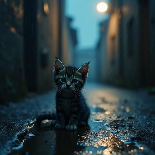 A sad wet kitten sits in a dark alley. It is surrounded by puddles on the wet ground. A streetlamp glows in the background. The atmosphere feels lonely and melancholic. Focus on the emotional expression of the kitten. High detail with muted cold tones.