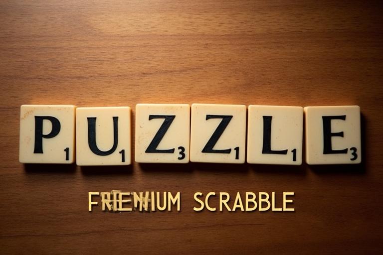 Top view of a magnetic Scrabble board. Scrabble tiles spell 'PUZZLE'. Warm wood table background. Soft spotlight highlights the elements. Gold text overlay says 'PREMIUM SCRABBLE'.
