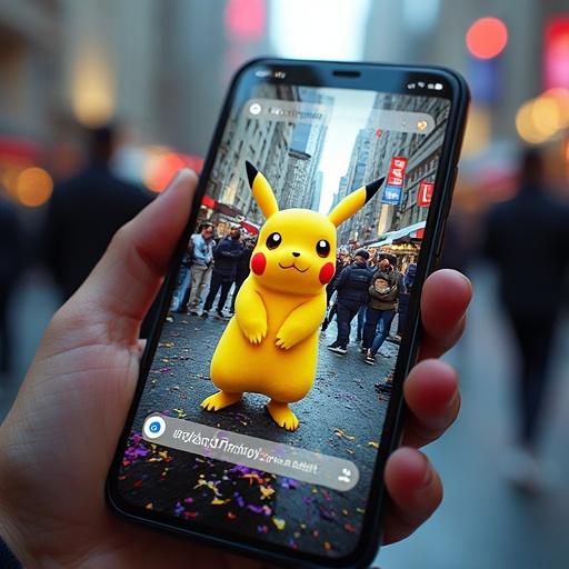 A smartphone displaying a chaotic but vibrant social media feed. Pikachu character appears prominently. Related searches include absurd content. The setting suggests urban chaos with protest themes.