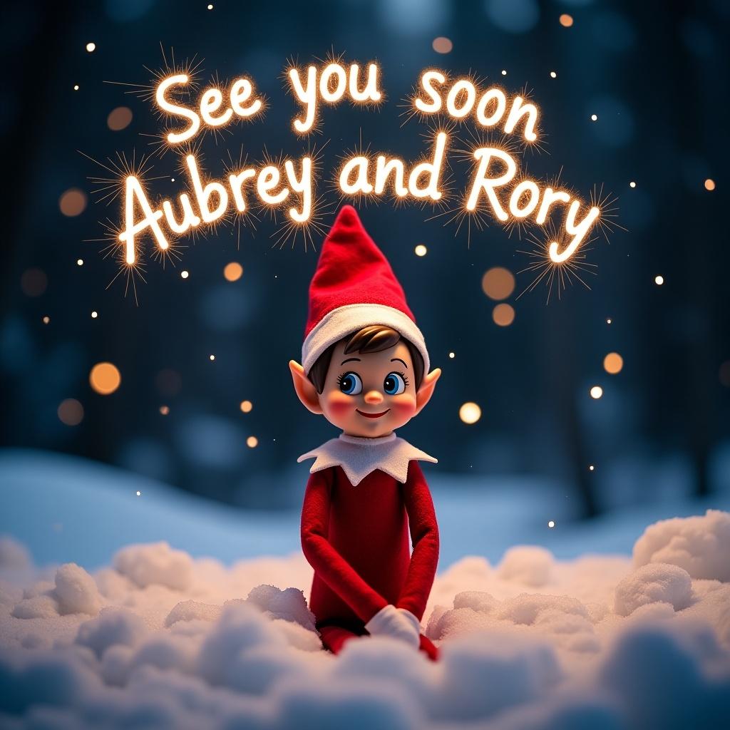 Elf on the Shelf character in snowy landscape at night. Magical lighting shows cheerful expression. Above elf, bright sparklers say 'See you soon Aubrey and Rory'. Color palette includes vibrant red and soft white. Fluffy snow adds winter wonderland feel. Perfect for holiday-themed designs.