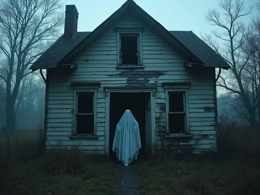 This eerie image captures a dilapidated wooden house set in a misty, overgrown landscape, exuding an ominous aura. At the center, a figure draped in a white sheet stands eerily in the doorway, invoking classic ghostly imagery. The overall scene blends themes of abandonment and the supernatural, creating a chilling atmosphere.