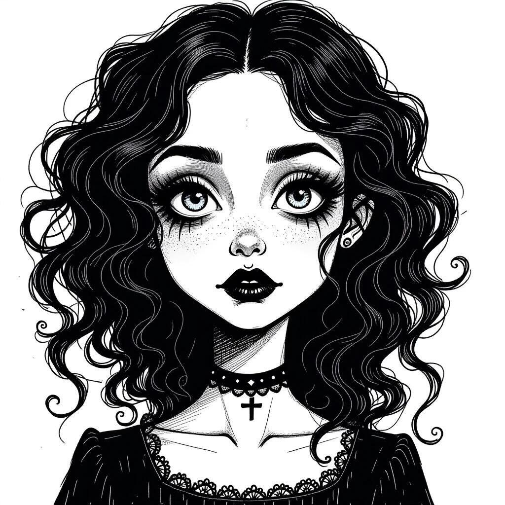 Pen and ink portrait of a gothic girl in Tim Burton style with wide eyes and elongated face. Features messy curls and crosshatched shadows. Background is white with a hand-drawn sketch look. The tone is eerie and whimsical. Utilizes rough ink textures with slight ink bleeding inspired by gothic surrealism and Burtonesque character design.