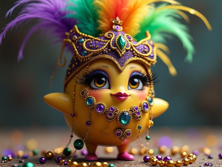 Digital art of an angry egg dressed for Mardi Gras. The egg has long eyelashes, a bright feather headdress, is adorned with colorful beads, and wears stiletto heels. The character is cheerful and festive, suited for parade themes.