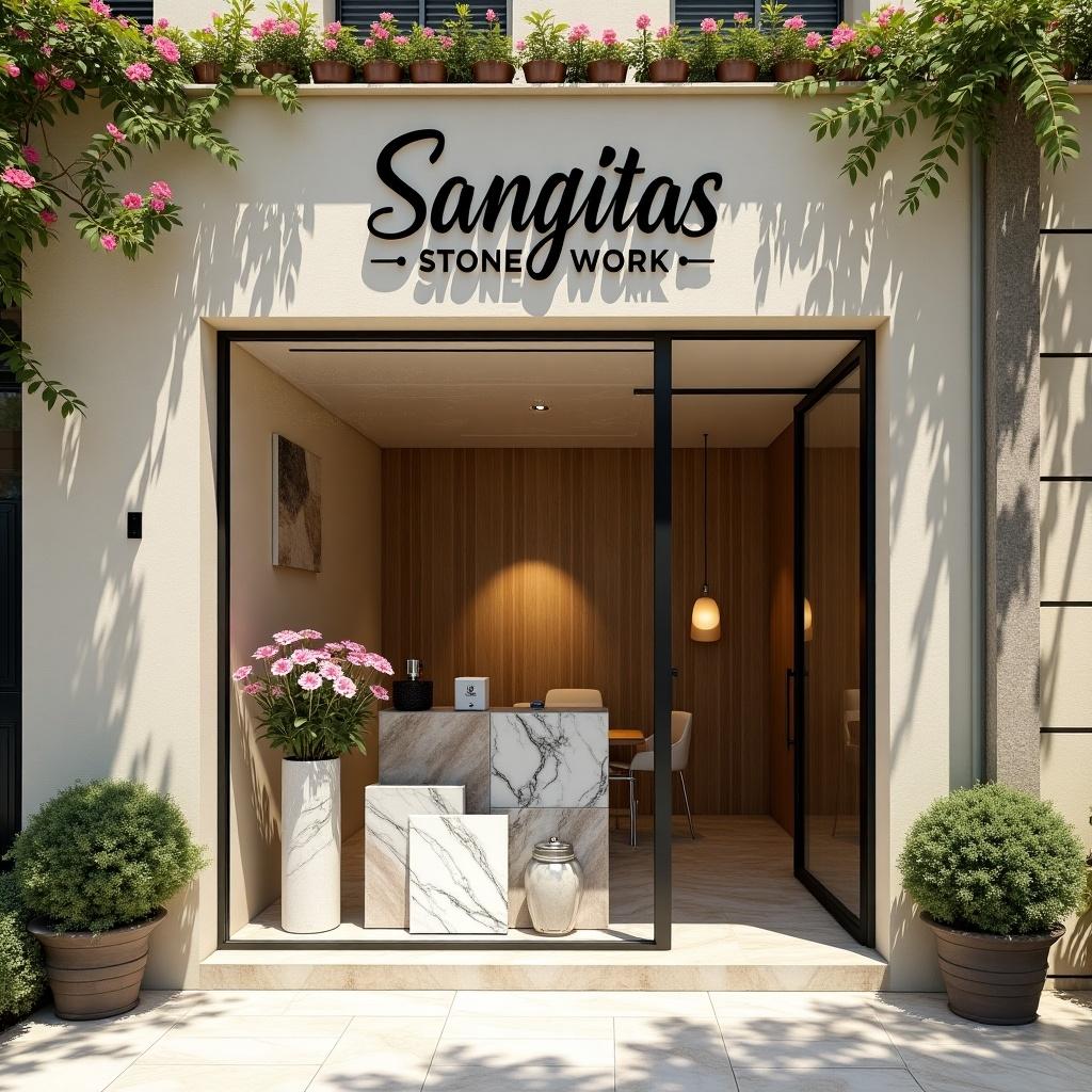 This image showcases a stylish tile showroom named 'Sangitas Stonework.' The storefront is designed with a light cream plaster facade, enhanced by colorful flowers and plants. It features a window display displaying elegantly marbles and tiles in various colors. Bright natural sunlight illuminates the scene, highlighting the stone details. The well-lit interior boasts wood paneling, creating a modern and inviting atmosphere. This appealing daytime setting represents the essence of contemporary style.