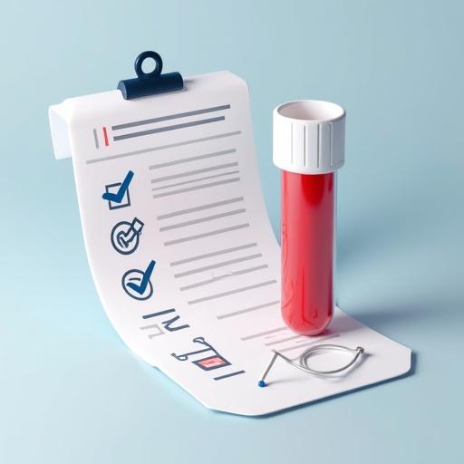 Realistic 3D icon depicting a blood sample vial next to a printed medical report featuring highlighted results and checkmarks, placed on a desk.
