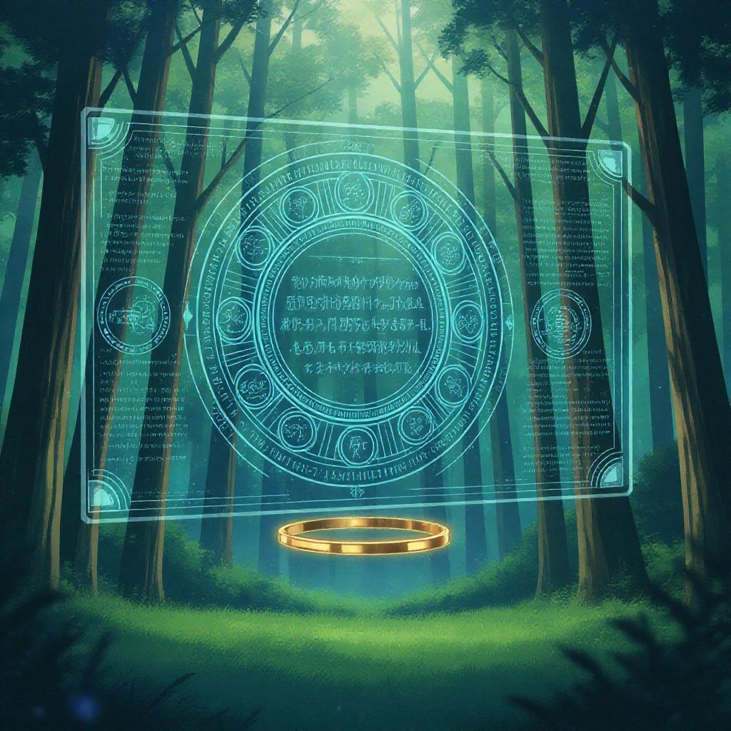 Anime-style illustration of a magical floating interface in a mystical forest setting. Translucent holographic display with glowing circular symbols and runes in unknown language. Emitted from a golden ring at center-bottom. Shades of blue, cyan, and white with animated lines. Soft morning light through tall trees and mist. Floating particles enhance ethereal atmosphere.