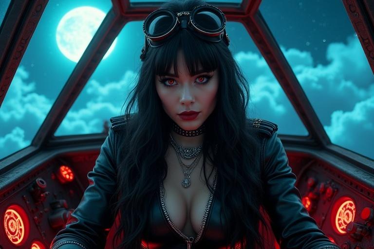 A dark and mysterious steampunk female pilot sits in a futuristic cockpit. She has long black hair and piercing red eyes. Aviator goggles rest on her head. Her black leather jacket has a deep neckline and silver details. A gothic choker with an ornate gemstone hangs around her neck. The cockpit is filled with glowing red buttons and mechanical levers. Large gothic windows reveal a night sky with a full moon. The atmosphere is dark with cinematic lighting and a seductive expression.