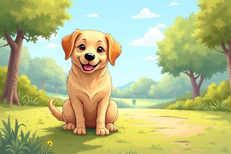 2D illustration featuring a friendly labrador in a sunny park scene with a colorful palette and hatching shadows.