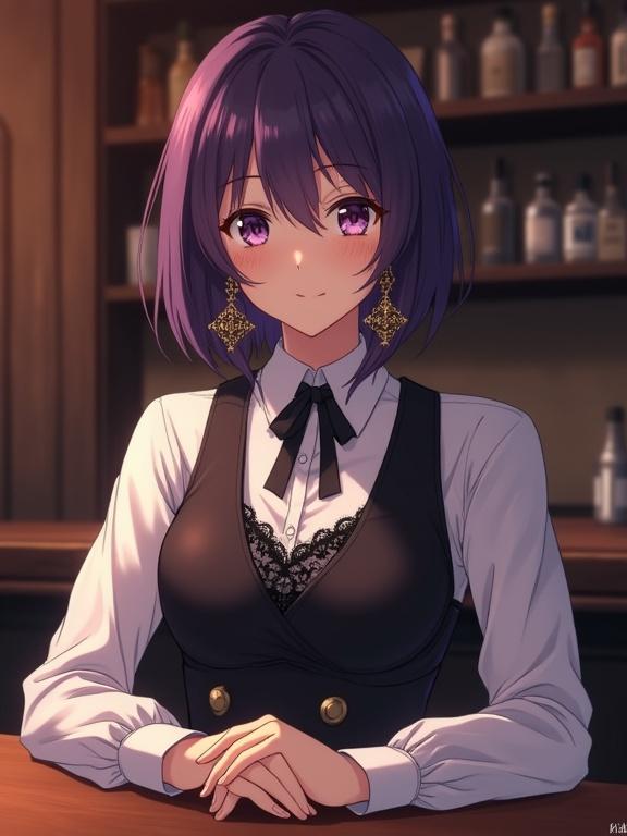 A stunning anime matured lady has dark violet hair. She sits at a polished wooden bar counter. The bar is dimly lit and has many bottles in the background. She shows calm expression and sharp features. The bobbed hair frames her face with a delicate fringe. The lady wears a white long-sleeved shirt and a dark vest with lace detail. An elegant black bow adorns the neckline. She has elaborate dangling earrings made of antique metal. Her forearms rest gently on the bar surface.