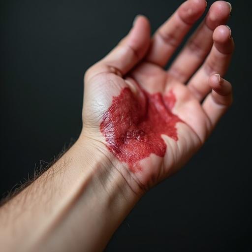 A close-up image of a hand with a skin cut wound. The wound shows a red area resembling muscle. The image is focused on the palm with natural lighting and a dark background.