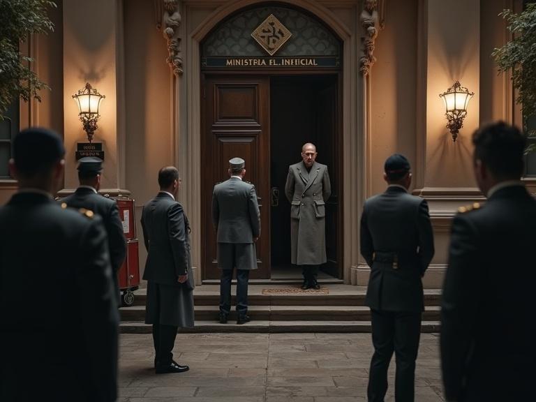 Historical scene set in Madrid October 1940. Heinrich Himmler exits an official car in front of the Ministry of Interior. Greeting by high-ranking Francoist police officers. Tension evident despite ceremonial atmosphere. Official banner reads ‘Official Visit’. Journalists capture the moment. In shadows, a private meeting of Spanish and German officials with documents labeled ‘police collaboration’. Light contrasts with golden facade and deep shadows inside. Dramatic realistic style suggesting hidden repression.