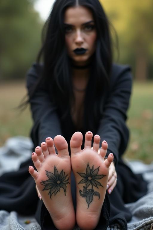 Mature goth woman with long black hair seated on a blanket outdoors. Her feet are bare revealing intricate tattoos on the soles. The woman is in a relaxed pose in a natural setting.