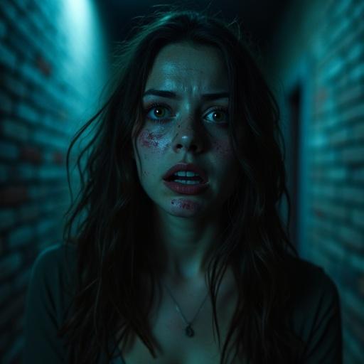 Woman's scared face in a dark alley. Makeup smeared down the face. Dim lighting with a bluish hue. Dark shadows on brick walls. Expression of fear and anxiety.