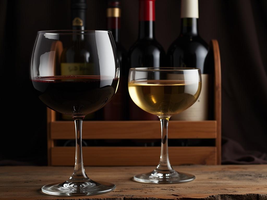 This image features a composition of red and white wine in elegant glassware, captured under soft, mood lighting. The scene showcases a glass of deep red wine next to a glass filled with a golden white wine. Both glasses sit on a rustic wooden table, enhancing the cozy atmosphere. Behind the glasses, nestled in a wooden wine rack, are several bottles of wine, some facing forward with labels visible, while others are partially obscured. The background has a dark cloth that adds to the overall ambiance of warmth and sophistication.