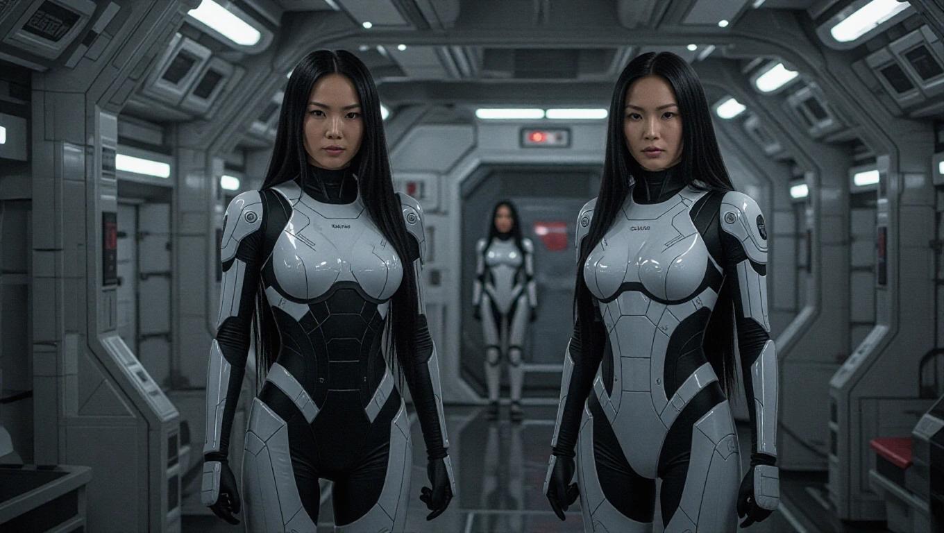 Beautiful Asian cyborg women with long black hair standing at attention in a spaceship cargo deck wearing swimsuit style armor padding.