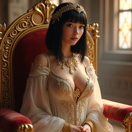 Beautiful girl sitting on a majestic throne in a medieval royal palace. She has an elegant posture and divine aura. Attire is goddess-inspired with flowing gown and jewel-embellished bodice. The setting features ornate stone columns, stained glass windows, and velvet draperies. Soft ambient light and subtle fog create a mystical atmosphere.