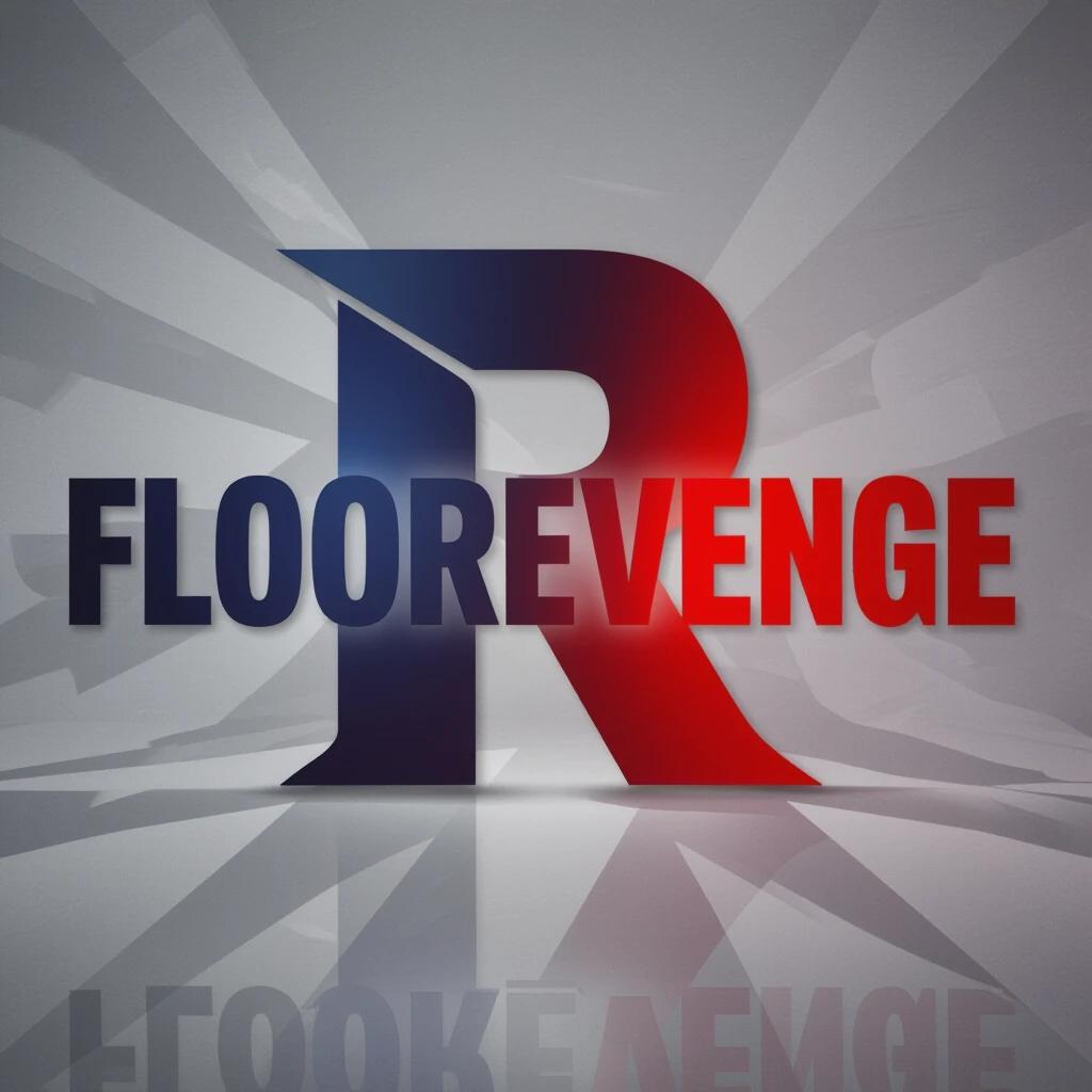 Text logo design of 'FLOOREVENGE'. Bold sans-serif typography with a gradient 'R'. Smooth gradient from blue to red for 'R'. Other letters in solid dark color. Sleek and modern style. 3D depth and shadows. Balanced composition for digital branding and energetic vibe.