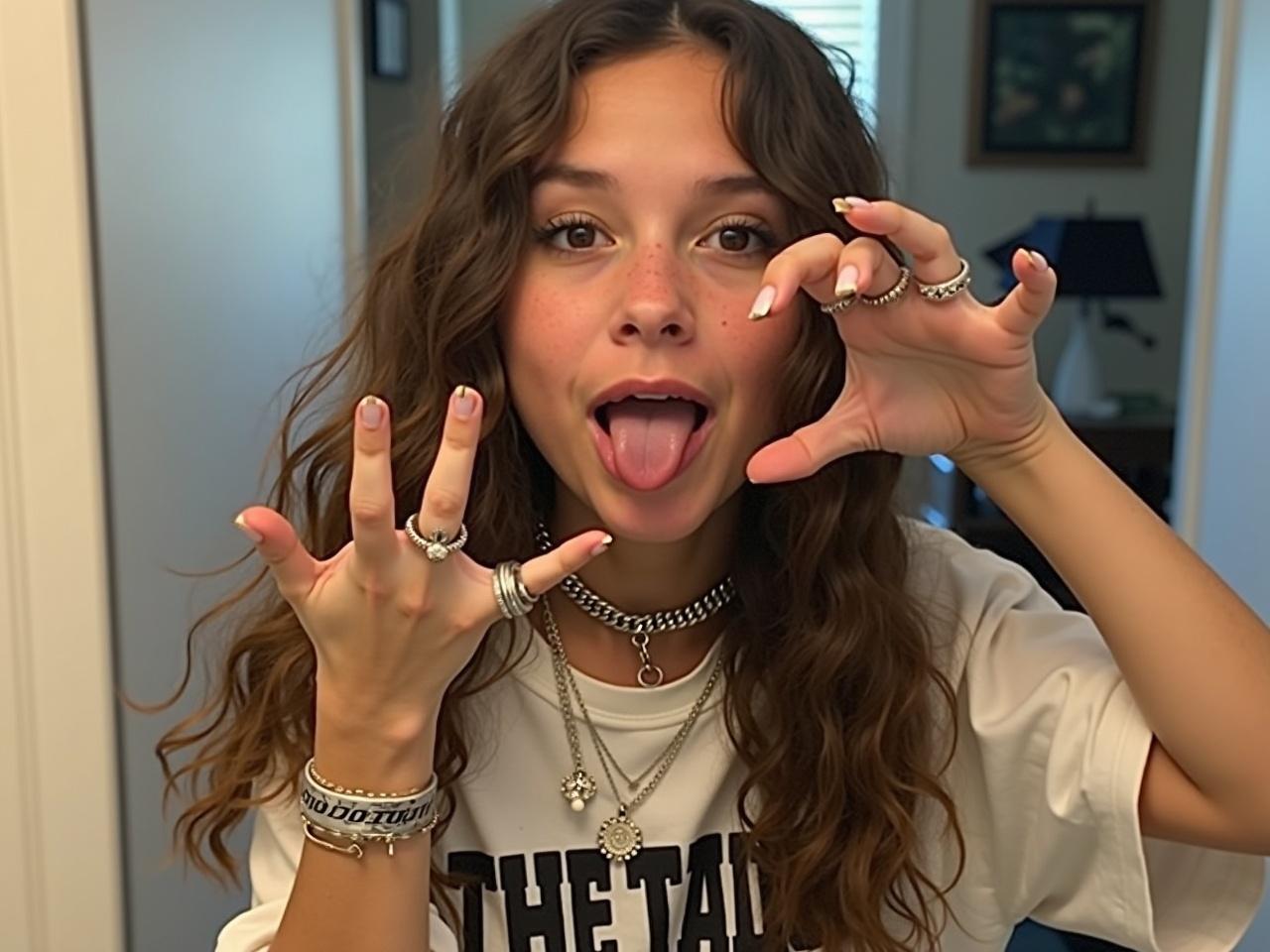 A girl striking a playful pose in a mirror selfie. She has long, wavy hair and is making a fun expression by sticking out her tongue. Her outfit features a loose-fitting graphic t-shirt and layered jewelry, including a chunky choker and rings. The background shows a hint of a room, adding to the casual vibe. Her carefree attitude and unique style give her a trendy, streetwear-inspired look.