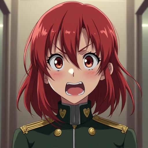 Anime character illustrates a female soldier with medium red hair. The character has parted bangs. The expression shows anger and surprise. The style is reminiscent of Japanese anime artwork.