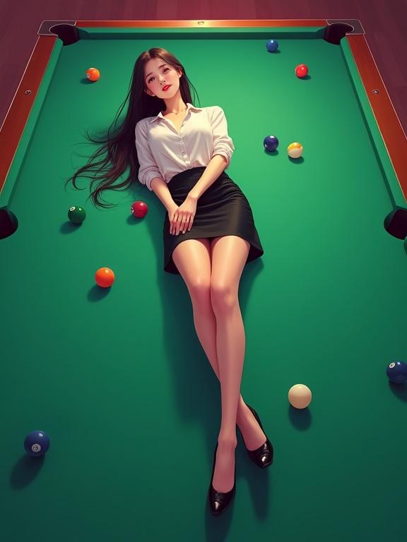 A woman in her mid-20s lies on a pool table. She has an East Asian appearance and a cute style. She wears a white blouse and a black skirt. Her hair is long and black, and she has a beautiful face with delicate makeup. Colorful billiard balls are around her on the table. The setting is a modern bar with soft lighting and a blurred background.