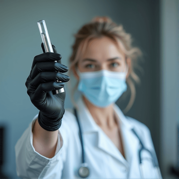 A scientist wearing a mask and gloves closely examines a test tube in a laboratory setting.